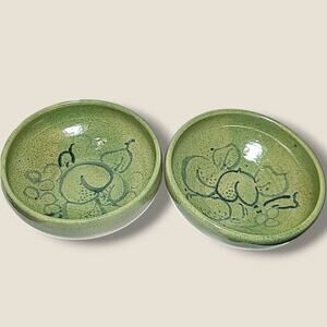 2 Vintage Art Pottery Bowls Hand Signed Wynonna '88 Green Blue 5.25"